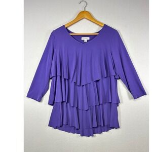 Rufflecore Susan Graver Womens Small Purple 3/4 Sleeve V-Neck Tiered Blouse Top
